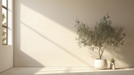 Neutral pastel beige wall adorned with olive tree branches. silhouette concept
