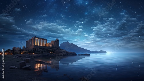 Poseidon s temple under a night sky filled with stars. silhouette concept photo