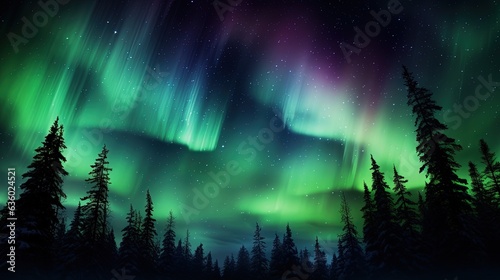 Northern lights shining over trees. silhouette concept