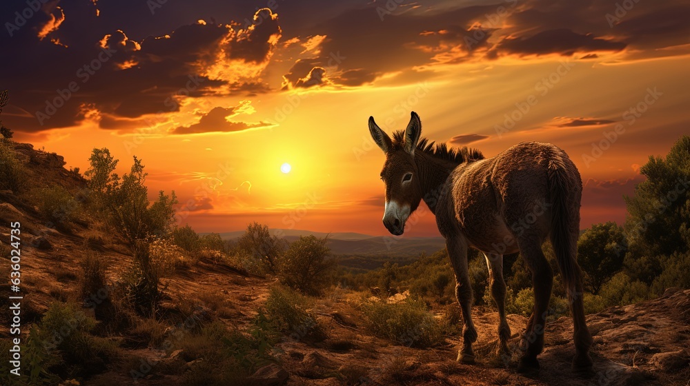 Donkey observing sunset in Bulgaria and its unique European form. silhouette concept Donkey observing sunset in Bulgaria and its unique European form. silhouette concept