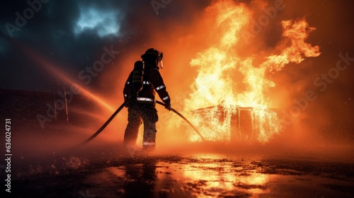 Firefighters using high pressure water to extinguish fires and save lives. silhouette concept