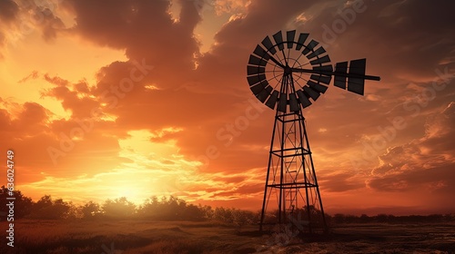 Old styled windmill s silhouette amid cloudy sunset