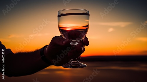 Hand holding glasses at sunset silhouette