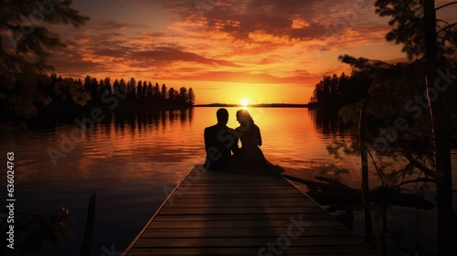 Couple on a lake dock watching the sunset at their wedding. silhouette concept
