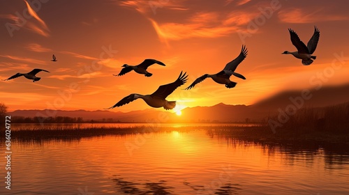Canadian geese flying over wildlife refuge in California during sunset. silhouette concept © HN Works