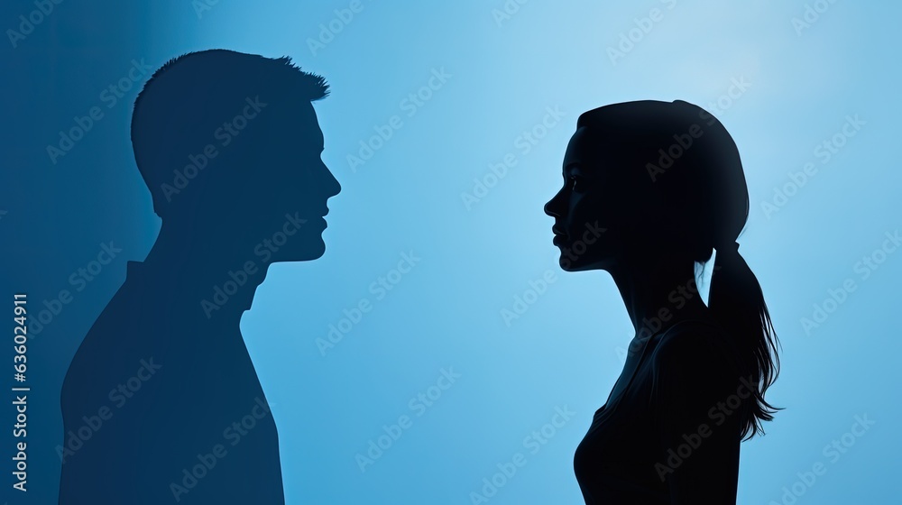 Flat lay of a white paper silhouette of a couple on a blue background with space for text
