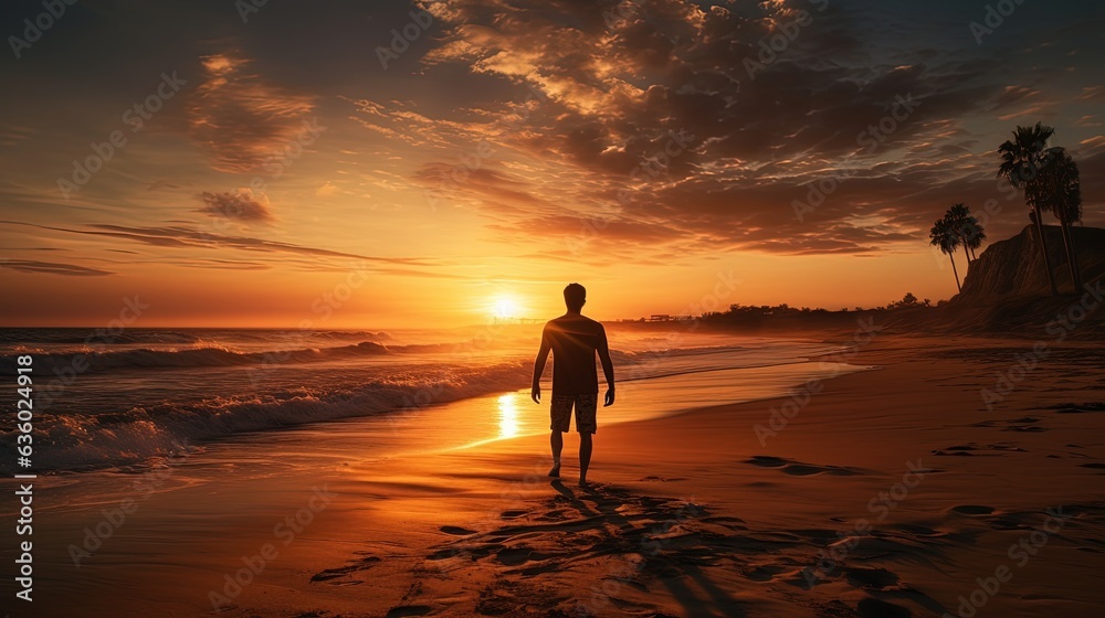 Surfer boy silhouette at beach sunset