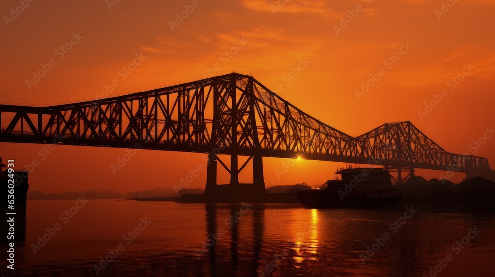Naklejka premium Sunrise silhouette of Howrah Bridge a suspended span over the Hooghly River in West Bengal