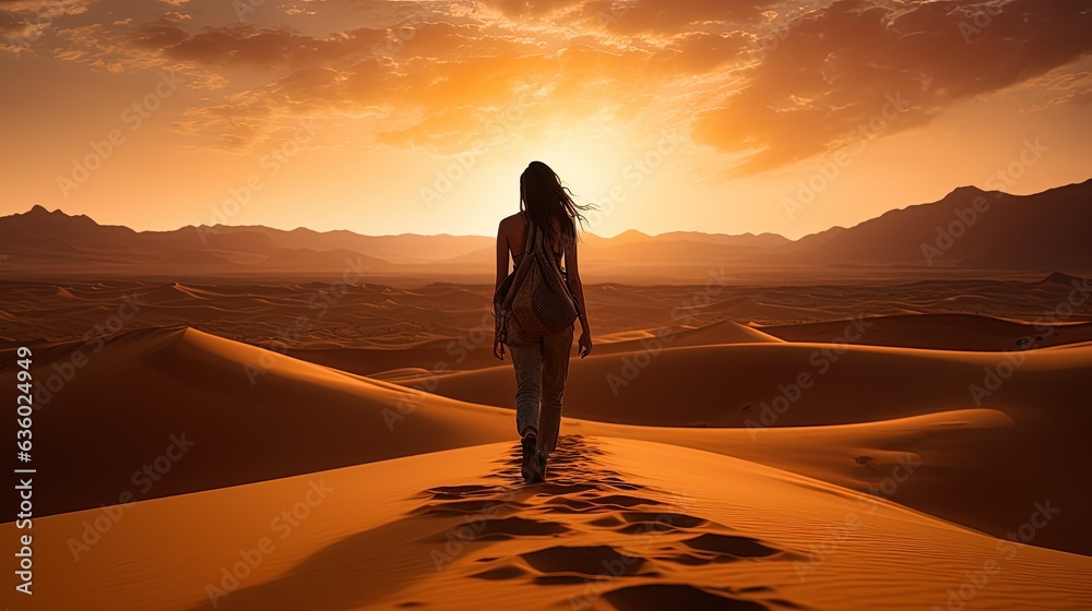 Woman walking through arid desert wanderlust adventure in Namibia. silhouette concept