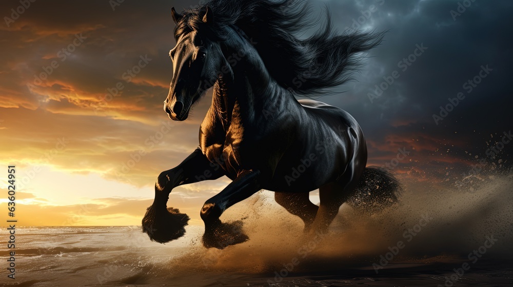 Obraz premium Black horse on the run. silhouette concept