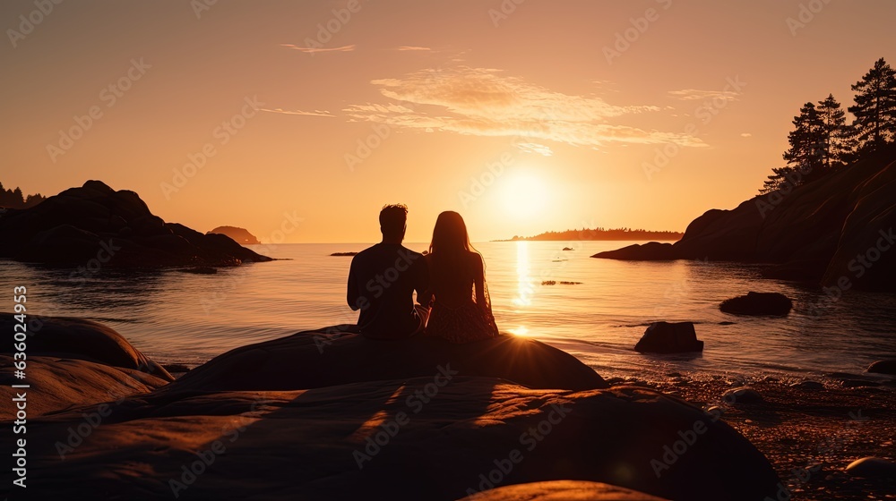 Couple embracing on beach at sunset gentle lighting serene water Seen from behind on island shore camping. silhouette concept