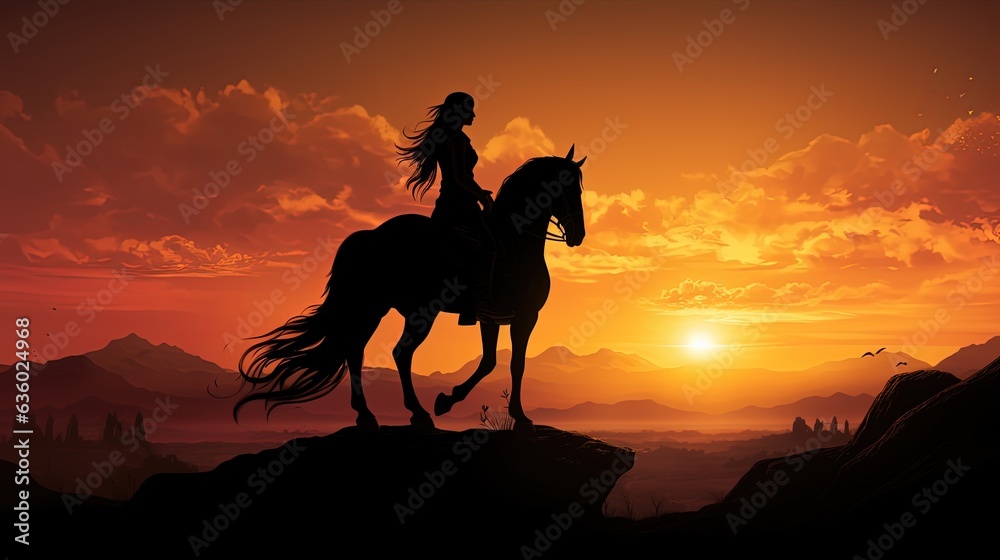 Fototapeta premium Young girl on horseback gazes into sunrise. silhouette concept