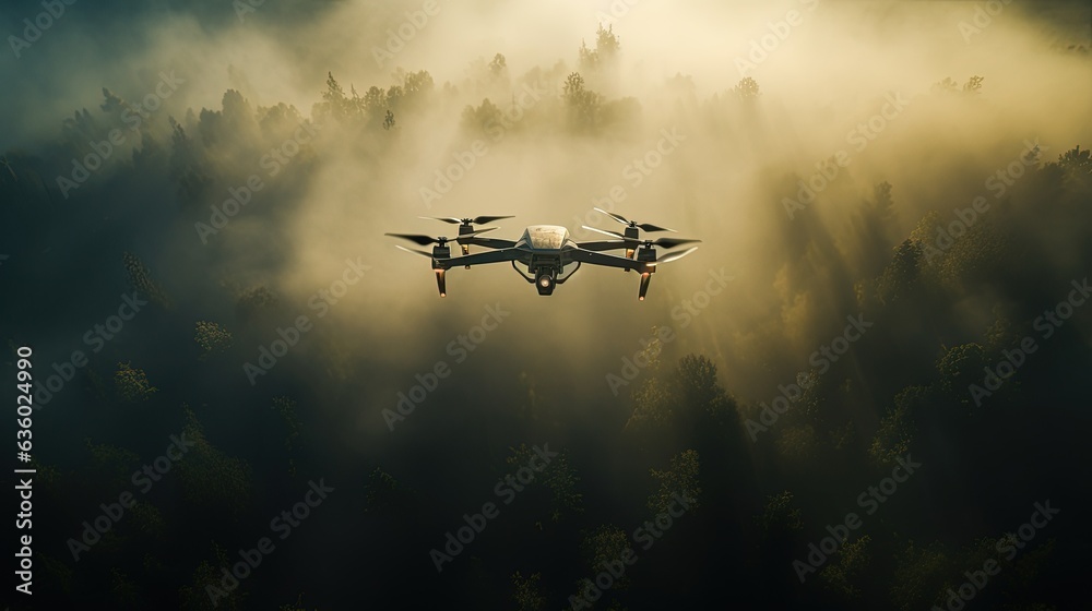 Early morning sunlight illuminates thick atmospheric fog enveloping a forest of trees as viewed from above by a drone. silhouette concept Early morning sunlight illuminates thick atmospheric fog enveloping a forest of trees as viewed from above by a drone. silhouette concept