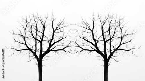 Photo of black twin trees with no leaves against a white backdrop. silhouette concept