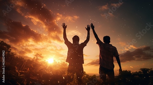 Two men with raised hands against a sunset backdrop. silhouette concept