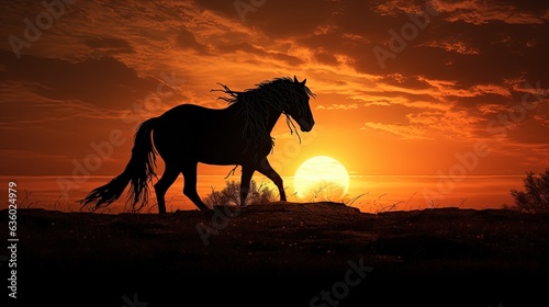Horse silhouette amid sunset while grazing © HN Works
