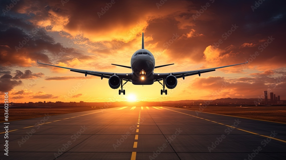 Fototapeta premium Airplane arrives flying low with scenic sunset backdrop. silhouette concept