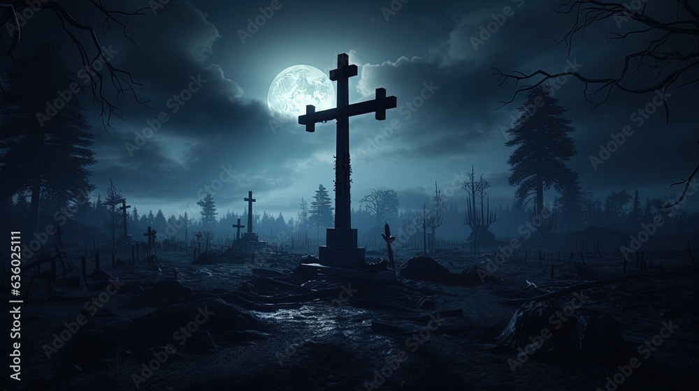 Naklejka premium Moonlit cemetery with a cross. silhouette concept
