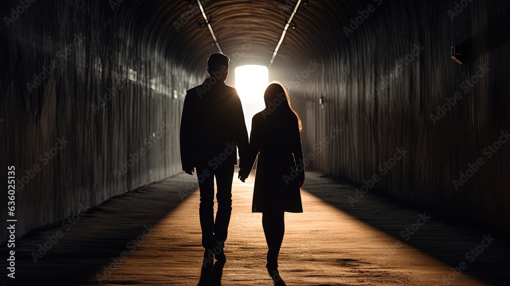 Silhouetted couple walking through railway tunnel towards bright light at the other end holding hands From behind