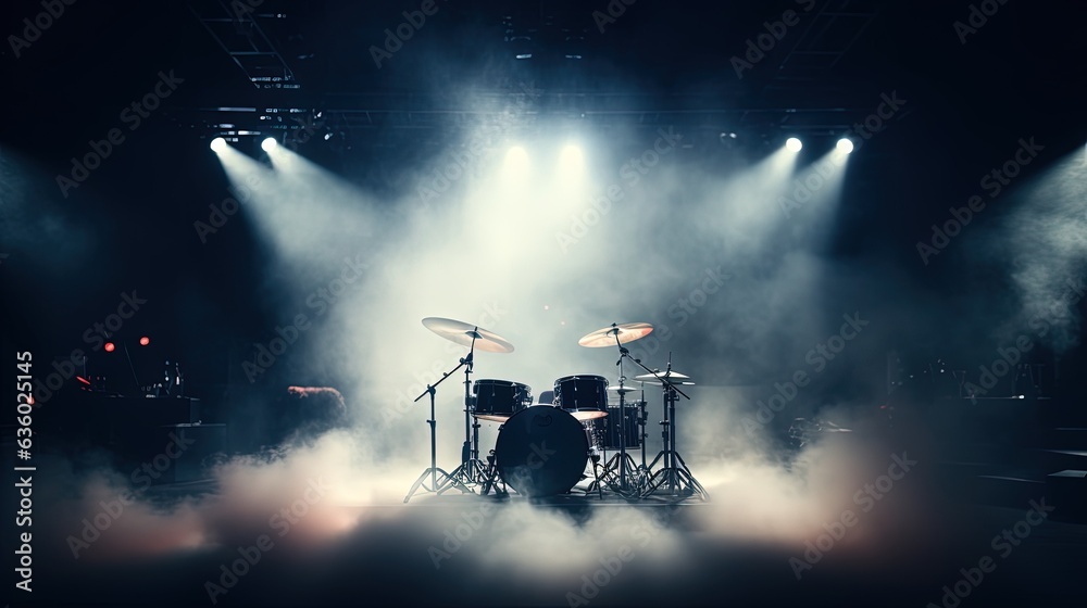 Live drum on stage with spotlights illuminating smoke music and concert background. silhouette concept - obrazy, fototapety, plakaty 