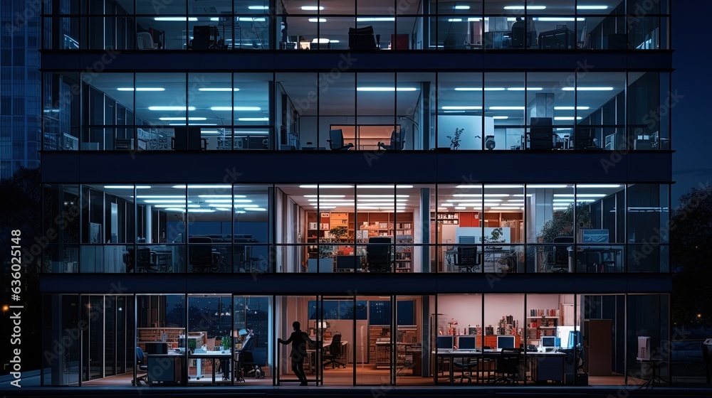 Late night overtime in a contemporary office building with workers and lights. silhouette concept