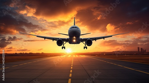 Airplane arrives flying low with scenic sunset backdrop. silhouette concept