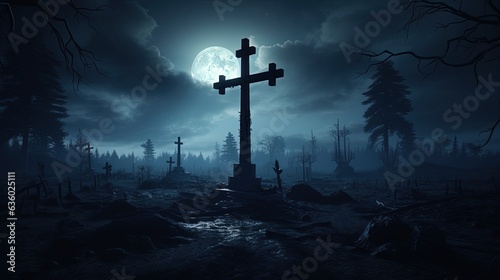 Moonlit cemetery with a cross. silhouette concept