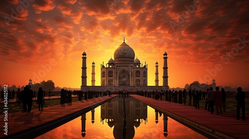 Sunset backdrop with Taj Mahal in Agra India. silhouette concept