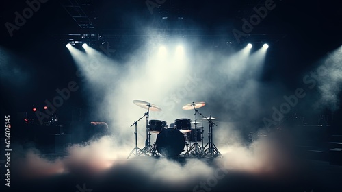 Foto Live drum on stage with spotlights illuminating smoke music and concert background