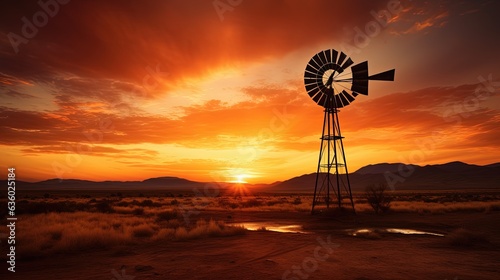 Windmill silhouette in the Karoo at sunset © HN Works