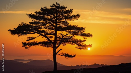Sunrise silhouette of a pine tree