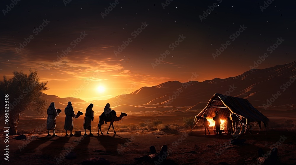 Evening desert nativity scene during Christmas. silhouette concept