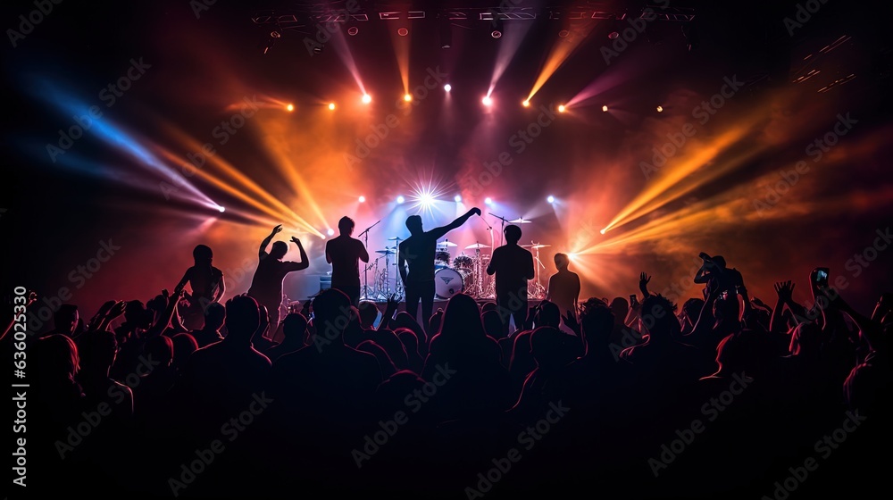 Rock band performing in front of bright stage lights surrounded by young audience. silhouette concept