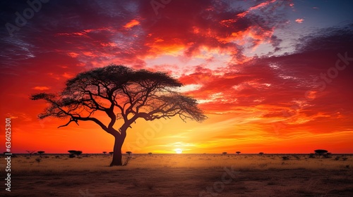 Sunset on African plains with acacia tree Kalahari desert South Africa. silhouette concept photo