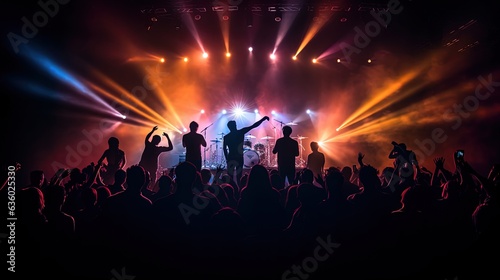 Rock band performing in front of bright stage lights surrounded by young audience. silhouette concept