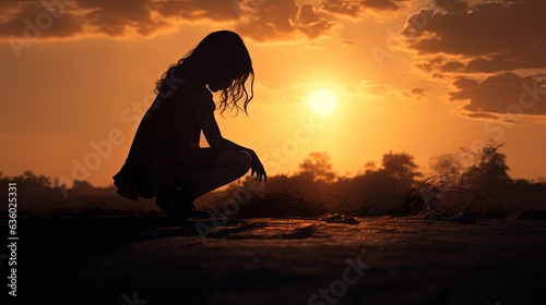A solitary young girl playing without company nearby. silhouette concept