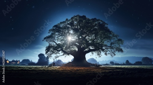 Ancient oak tree in the town. silhouette concept