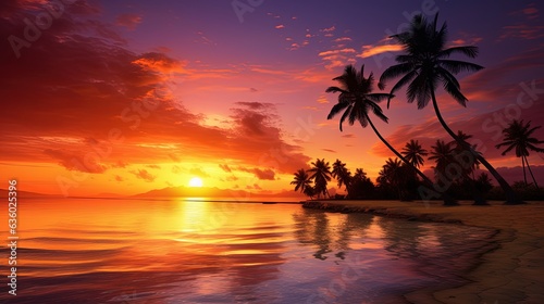 silhouettes of palm trees on a tropical beach at sunset