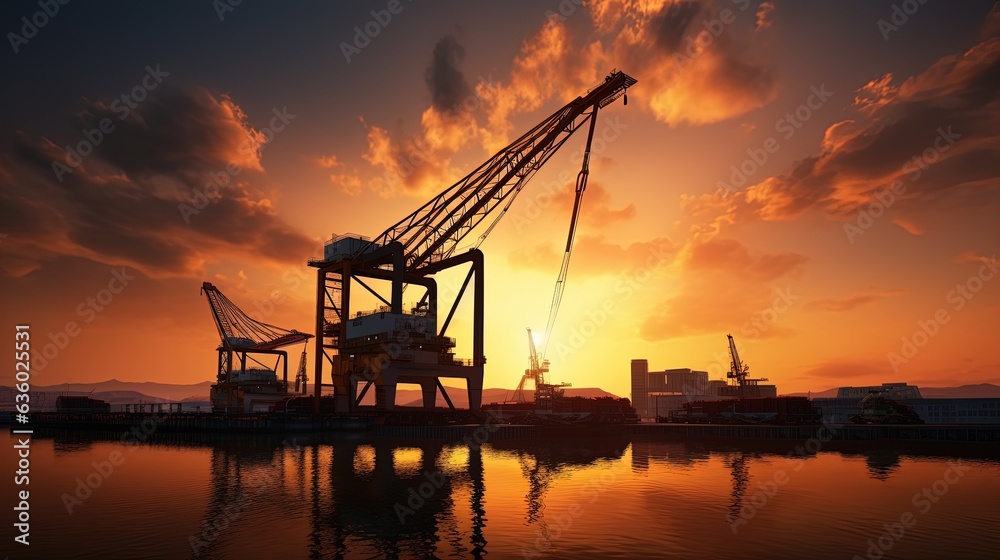 Industrial dock crane unloading during sunset creating a silhouette