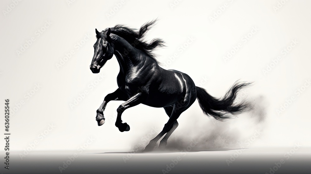 Fast galloping black and white horse casting shadow while art minimalist. silhouette concept Fast galloping black and white horse casting shadow while art minimalist. silhouette concept