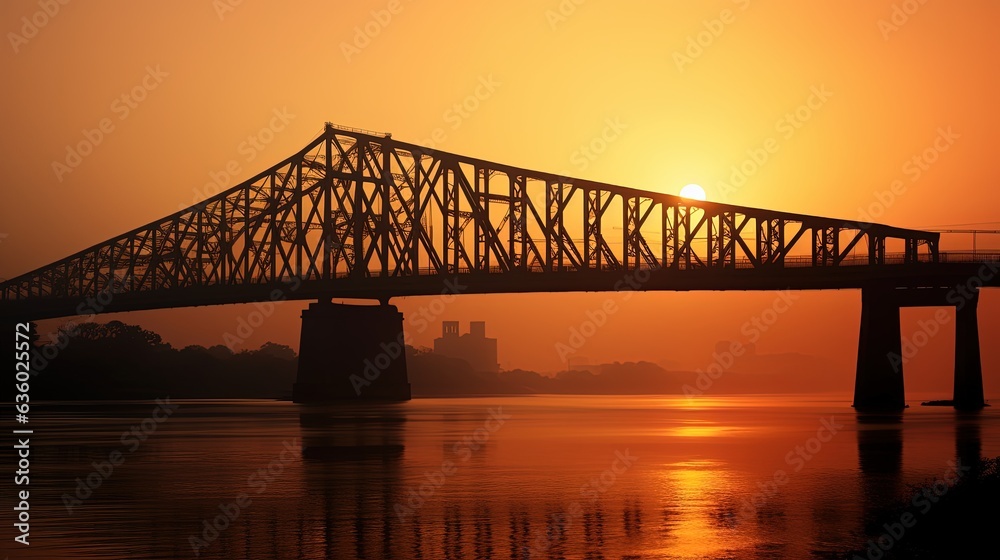Sunrise silhouette of Howrah Bridge a suspended span over the Hooghly River in West Bengal
