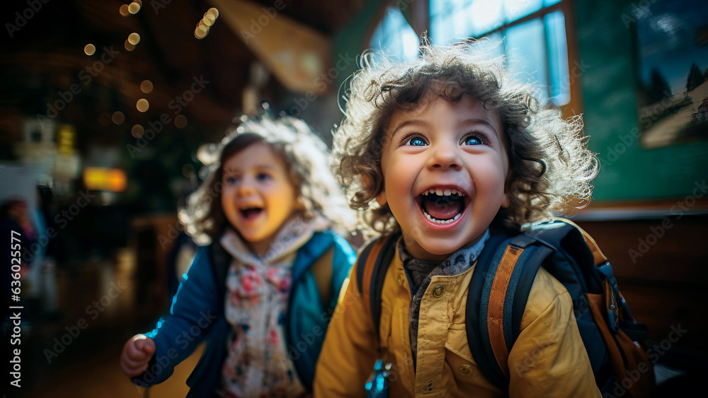 Excitement of two Caucasian children on their first day of school Excitement of two Caucasian children on their first day of school