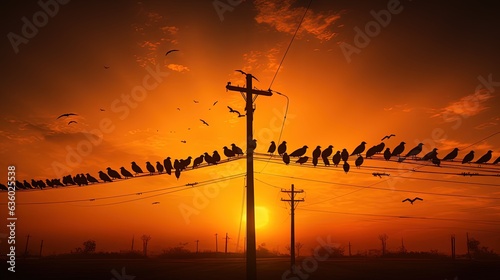 Many birds on electric power line. silhouette concept