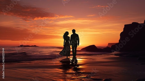 Silhouetted young couple against sunset in a coastal landscape