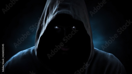 A frightening figure wearing a hood with sinister eyes and an empty face looking towards the camera. silhouette concept