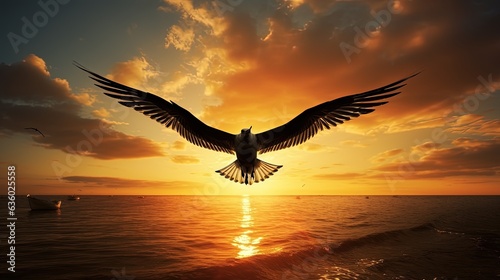 Morning sun highlights seagull s silhouette