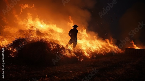 Firefighter extinguishing hay bale blaze. silhouette concept