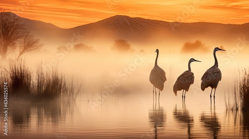 Cranes in mist Bosque del Apache NM. silhouette concept