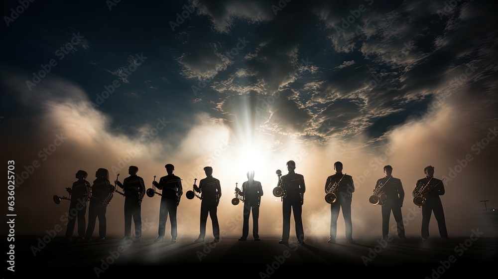 High school musicians perform at a football game. silhouette concept High school musicians perform at a football game. silhouette concept