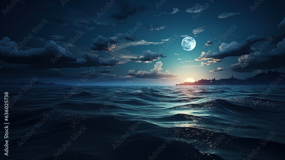 Full moon shining over the ocean landscape. silhouette concept - obrazy, fototapety, plakaty 